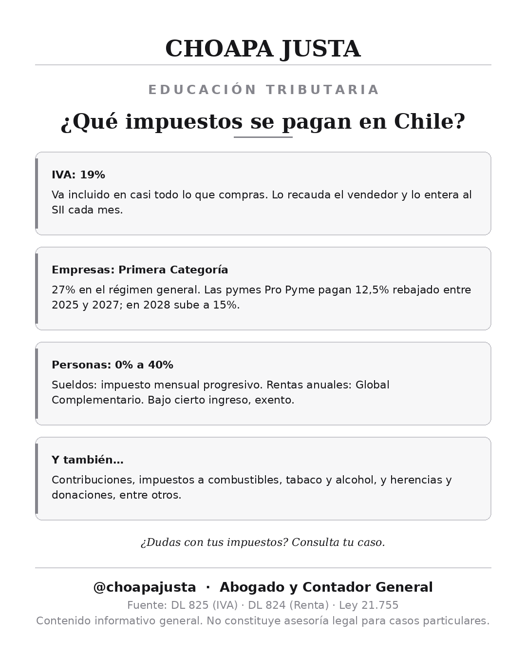 Publicación de Choapa Justa sobre los impuestos que se pagan en Chile